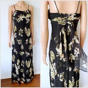 Vintage 90s / Y2K‎ Black Floral Maxi Dress Chiffon Cowl // Size 8 Small